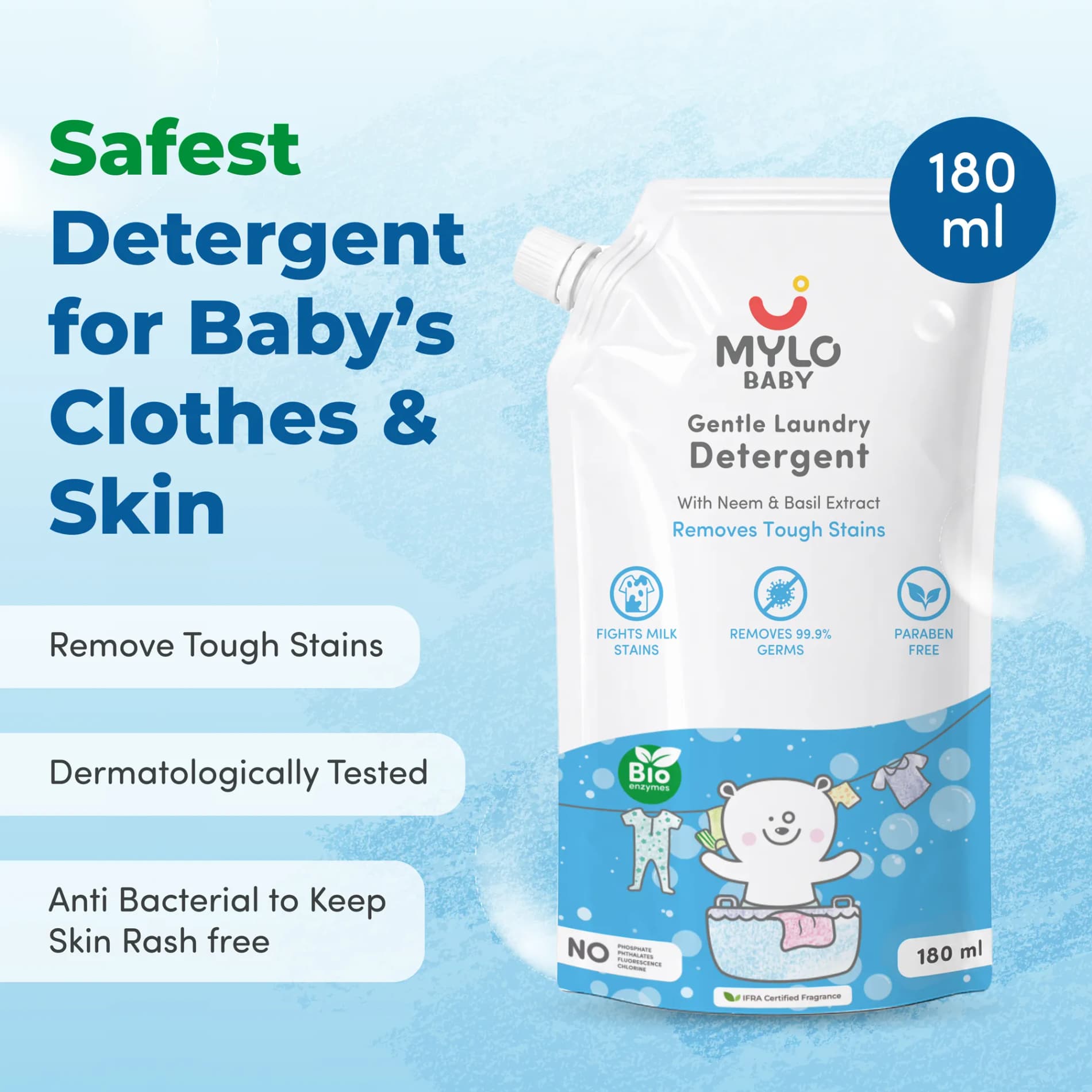 Baby Safe Liquid Detergent for Baby Clothes | Tough on stains | Gentle on clothes | Keeps Color & Softness Intact | Suitable for Front & Top Load Washing Machine | 180 ml