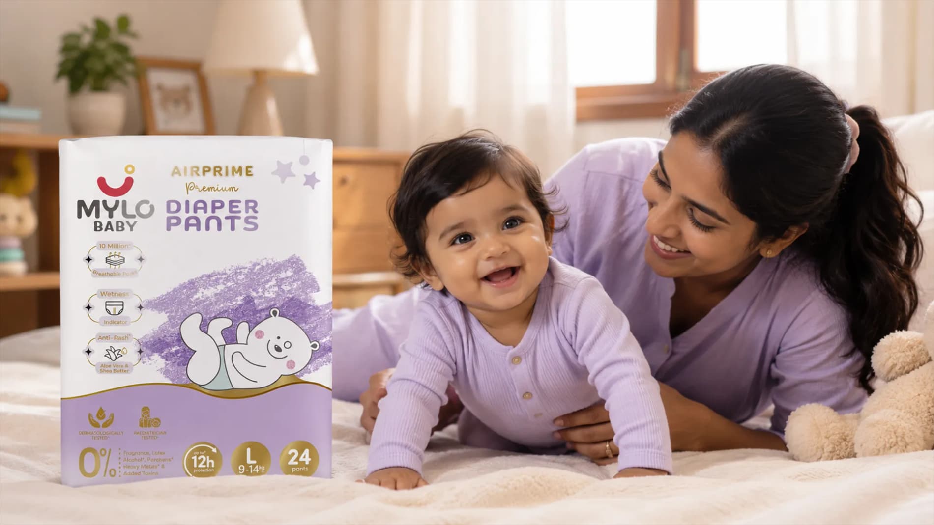 Mylo Airprime™ Premium Baby Diaper Pants | Rash-free | Leak-proof | Ultra-thin | Wetness Indicator - L(10-15 Kgs) - 24 Count