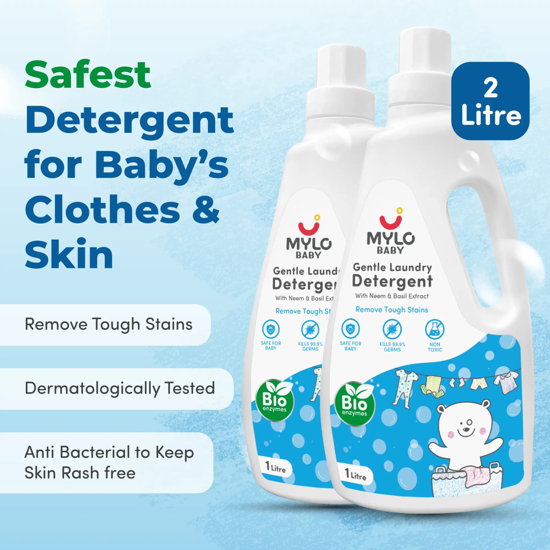 Baby Safe Liquid Detergent for Baby Clothes | Tough on stains | Gentle on clothes | Keeps Color & Softness Intact | Suitable for Front & Top Load Washing Machine | 1 litre - Pack of 2