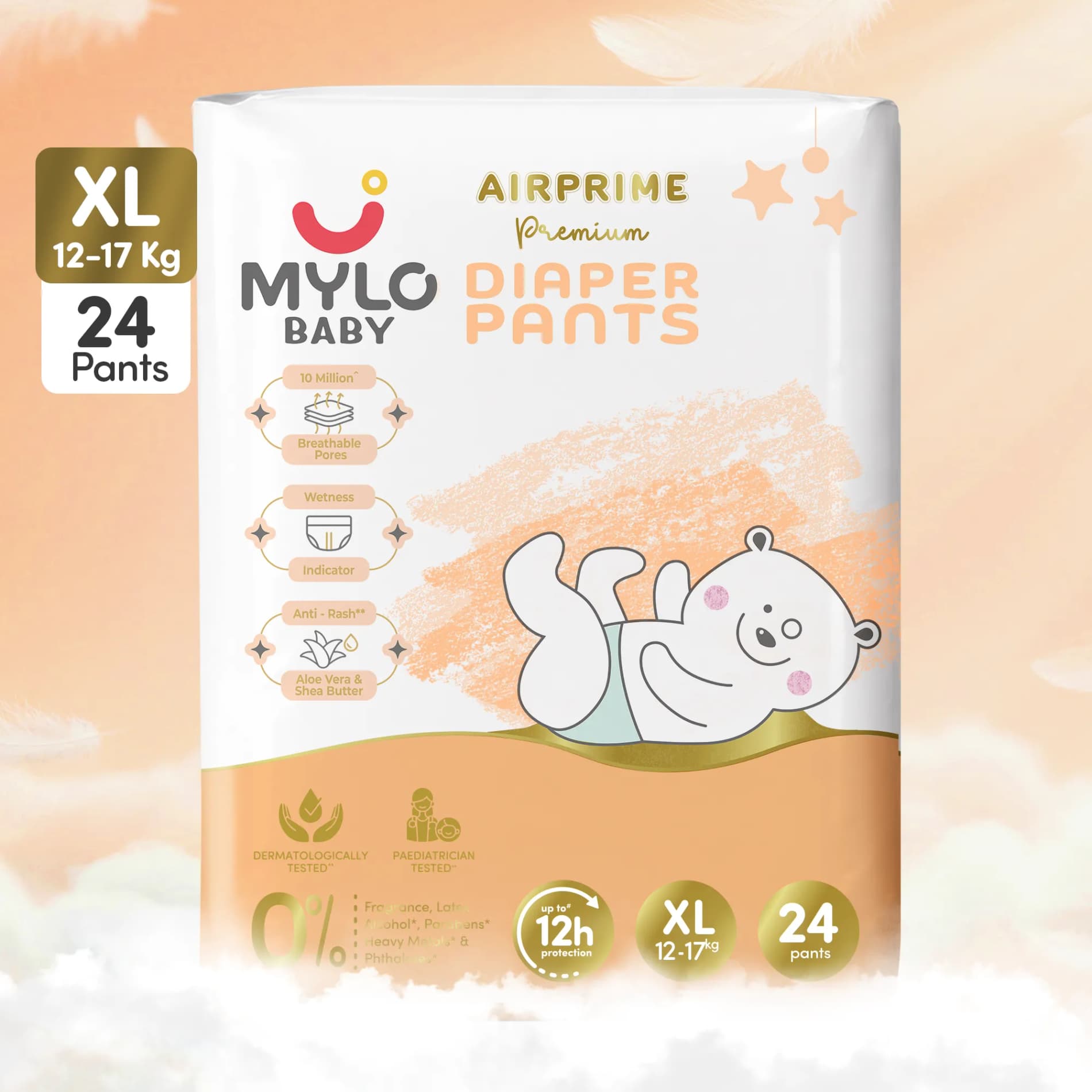 Mylo Airprime™ Premium Baby Diaper Pants | Rash-free | Leak-proof | Ultra-thin | Wetness Indicator - XL(12-17 Kgs) - 24 Count