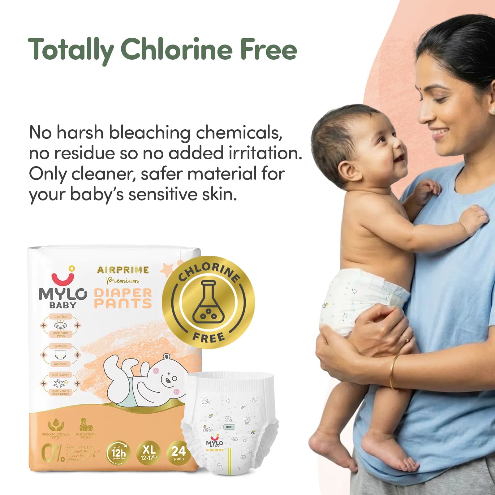 Mylo Airprime™ Premium Baby Diaper Pants | Rash-free | Leak-proof | Ultra-thin | Wetness Indicator - XL(12-17 Kgs) - 48 Count