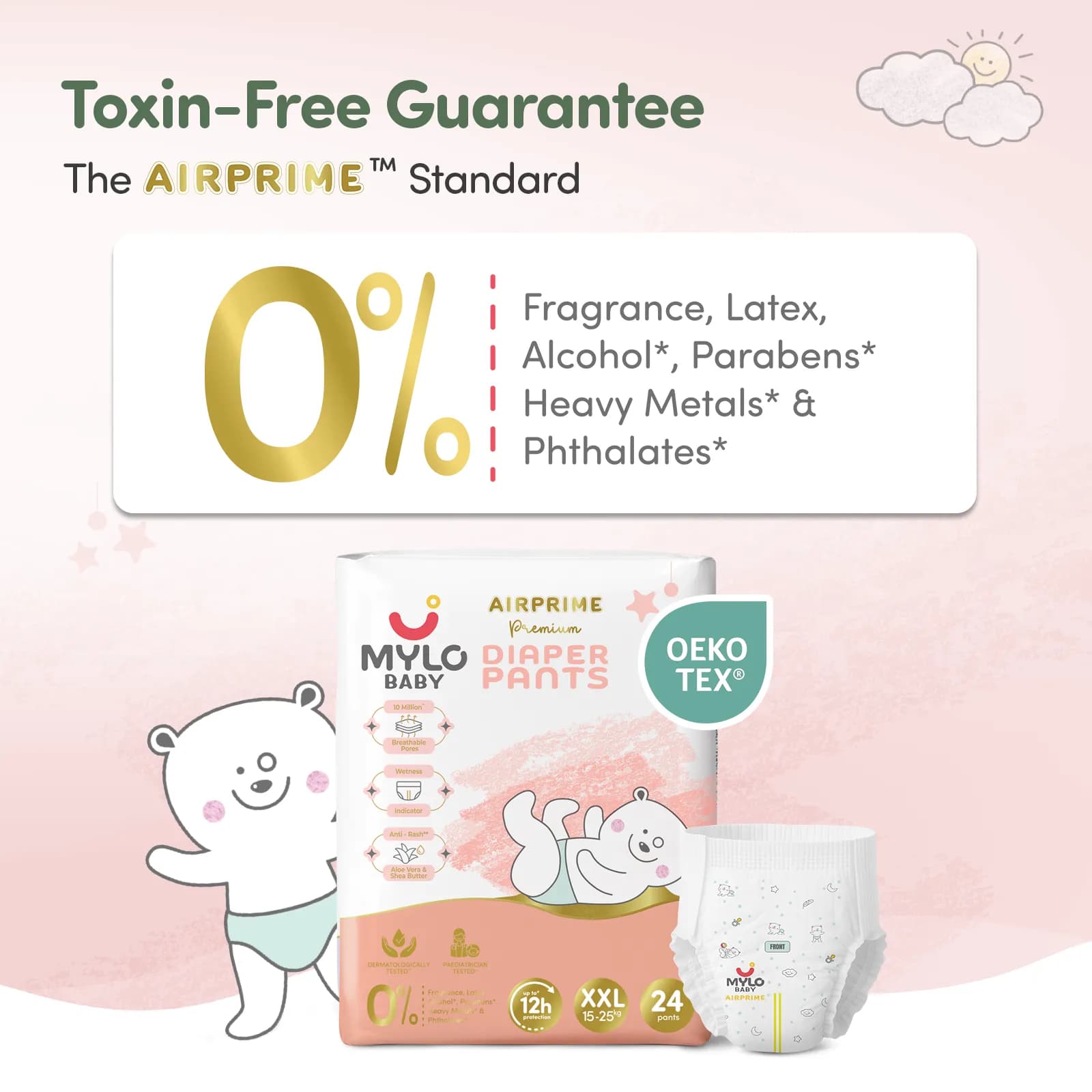 Mylo Airprime™ Premium Baby Diaper Pants | Rash-free | Leak-proof | Ultra-thin | Wetness Indicator - XXL(15 - 25 Kgs) - 24 Count