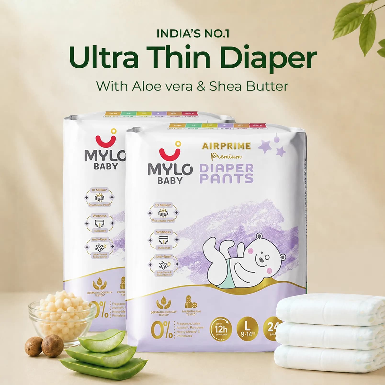 Mylo Airprime™ Premium Baby Diaper Pants | Rash-free | Leak-proof | Ultra-thin | Wetness Indicator - L(10-15 Kgs) - 48 Count