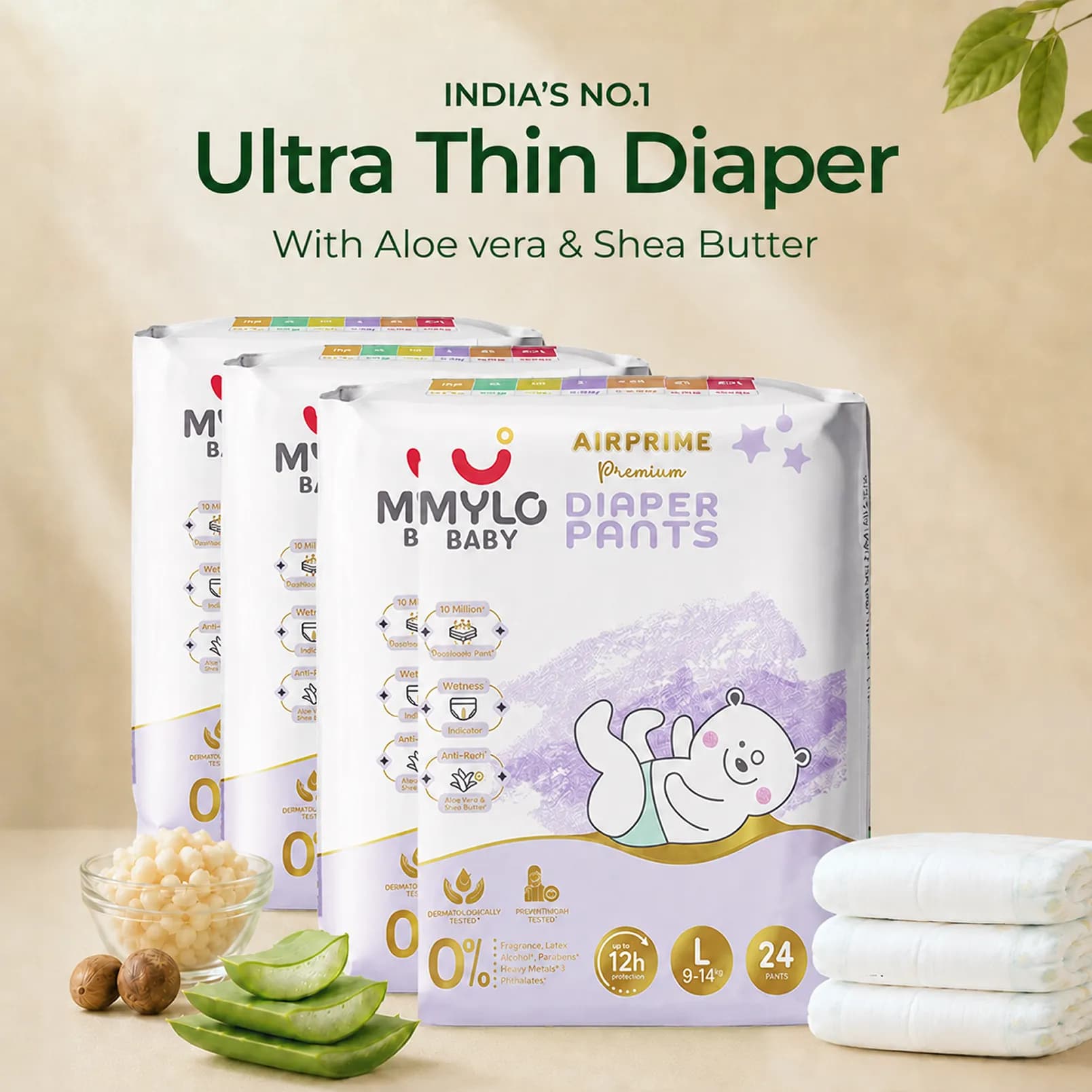 Mylo Airprime™ Premium Diapers Pants with Wetness Indicator - L(10-15 kgs) - 96 counts