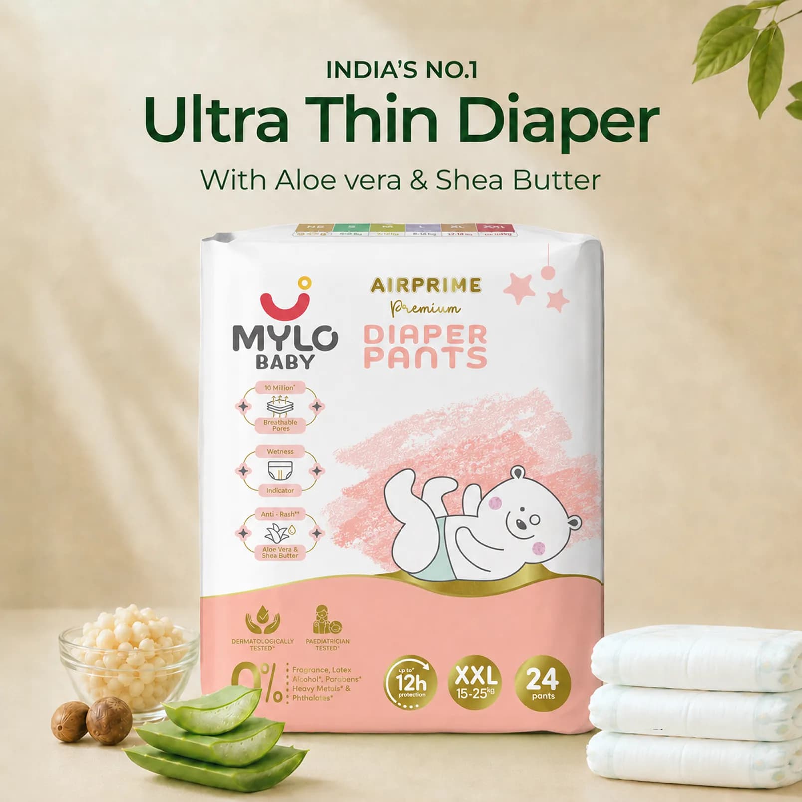 Mylo Airprime™ Premium Baby Diaper Pants | Rash-free | Leak-proof | Ultra-thin | Wetness Indicator - XXL(15 - 25 Kgs) - 24 Count