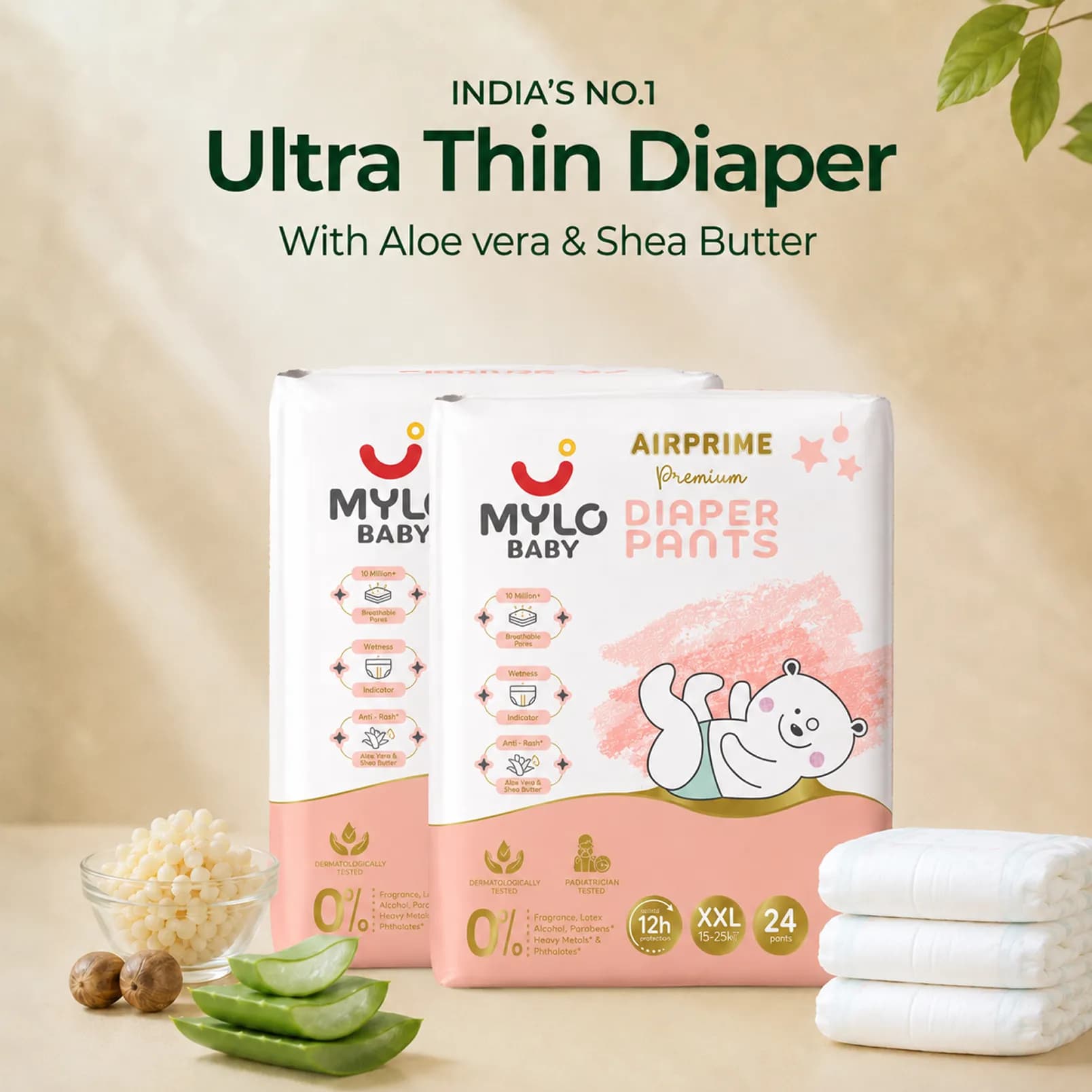 Mylo Airprime™ Premium Baby Diaper Pants | Rash-free | Leak-proof | Ultra-thin | Wetness Indicator - XXL(15-25 Kgs) - 48 Count