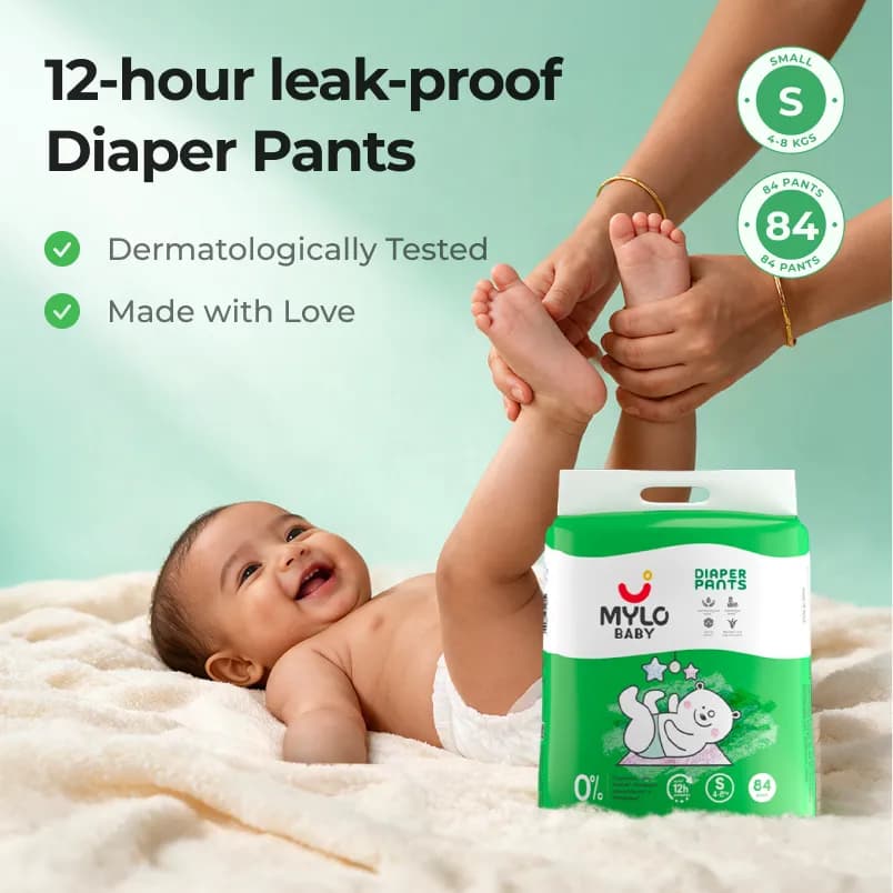 Mylo Baby Diaper Pants Small (S) Size, 4-8 kgs with ADL Technology - 84 Count - 12 Hours Protection