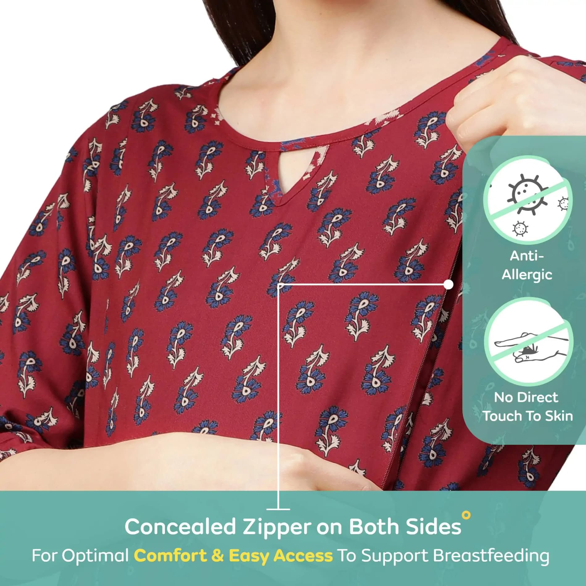 Pre & Post Maternity /Nursing Printed Kurta cum Midi Dress with both sides Zipper for Easy Feeding – Ethnic Maroon-XXL