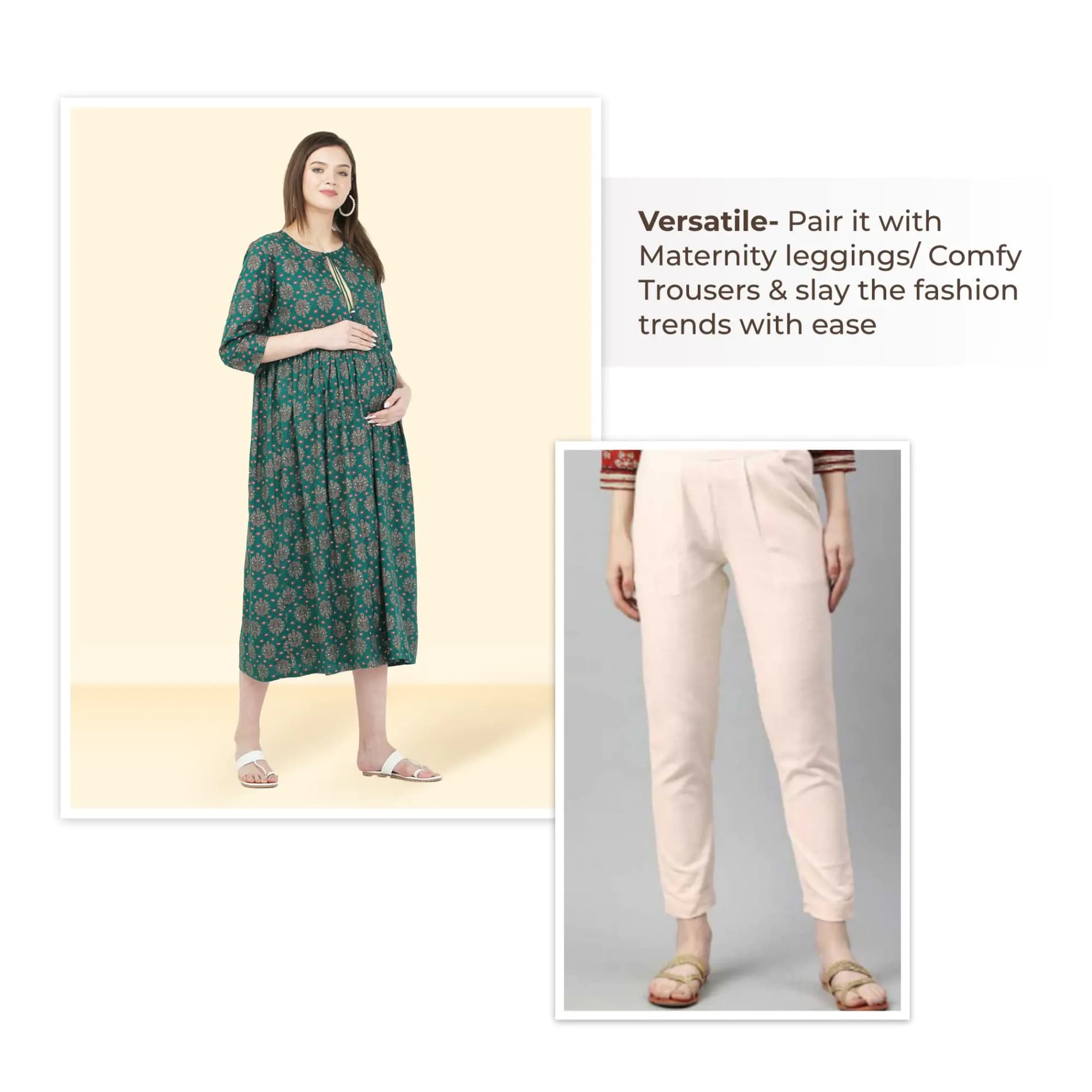 Pre & Post Maternity /Nursing Double Layered Kurta Dress with Zippers for Easy Feeding – Ethnic Green -XXL