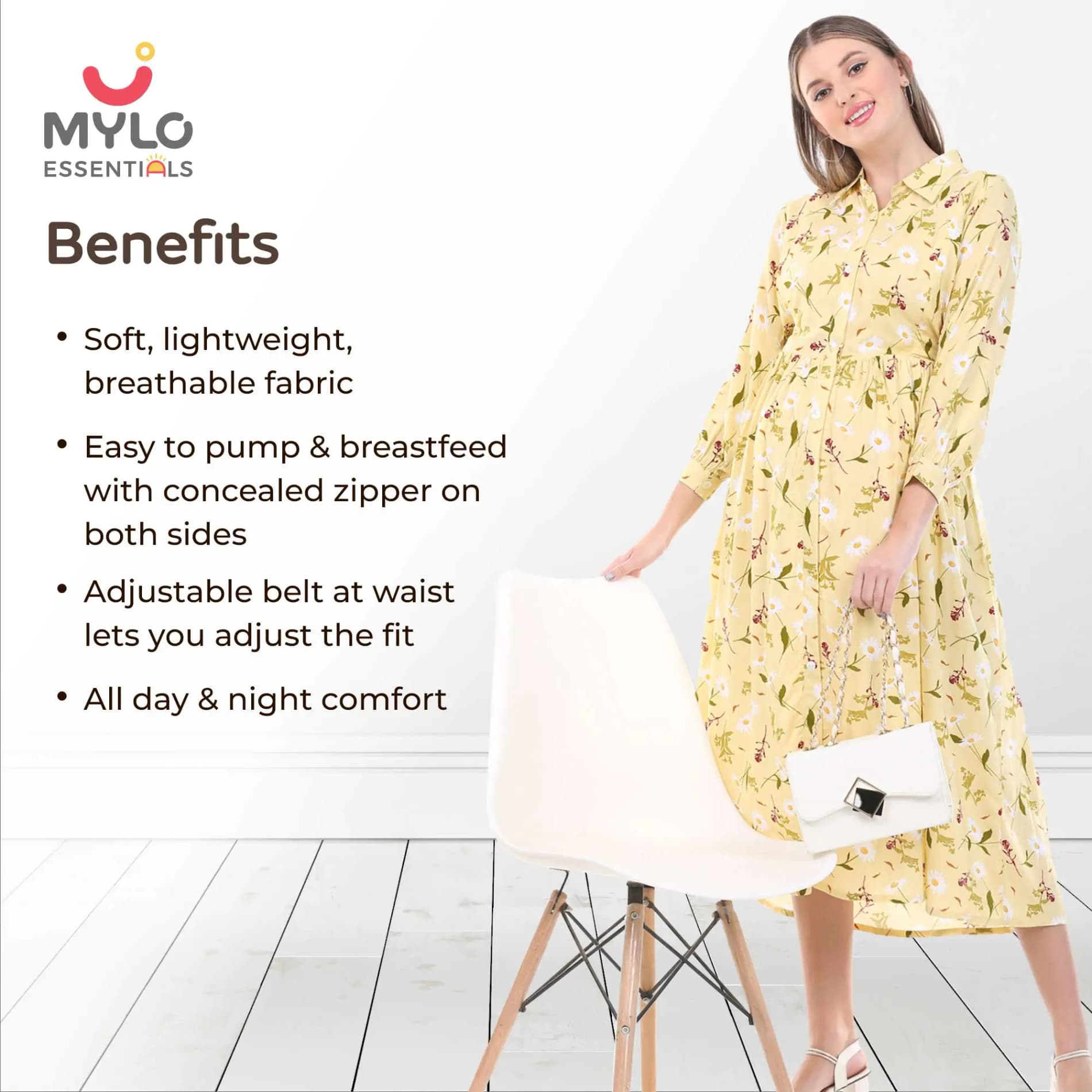 Pre & Post Maternity /Nursing Long Cuff Sleeves Shirt Collar Maxi Dress with Zippers for Easy Feeding -Cream Daisy - L