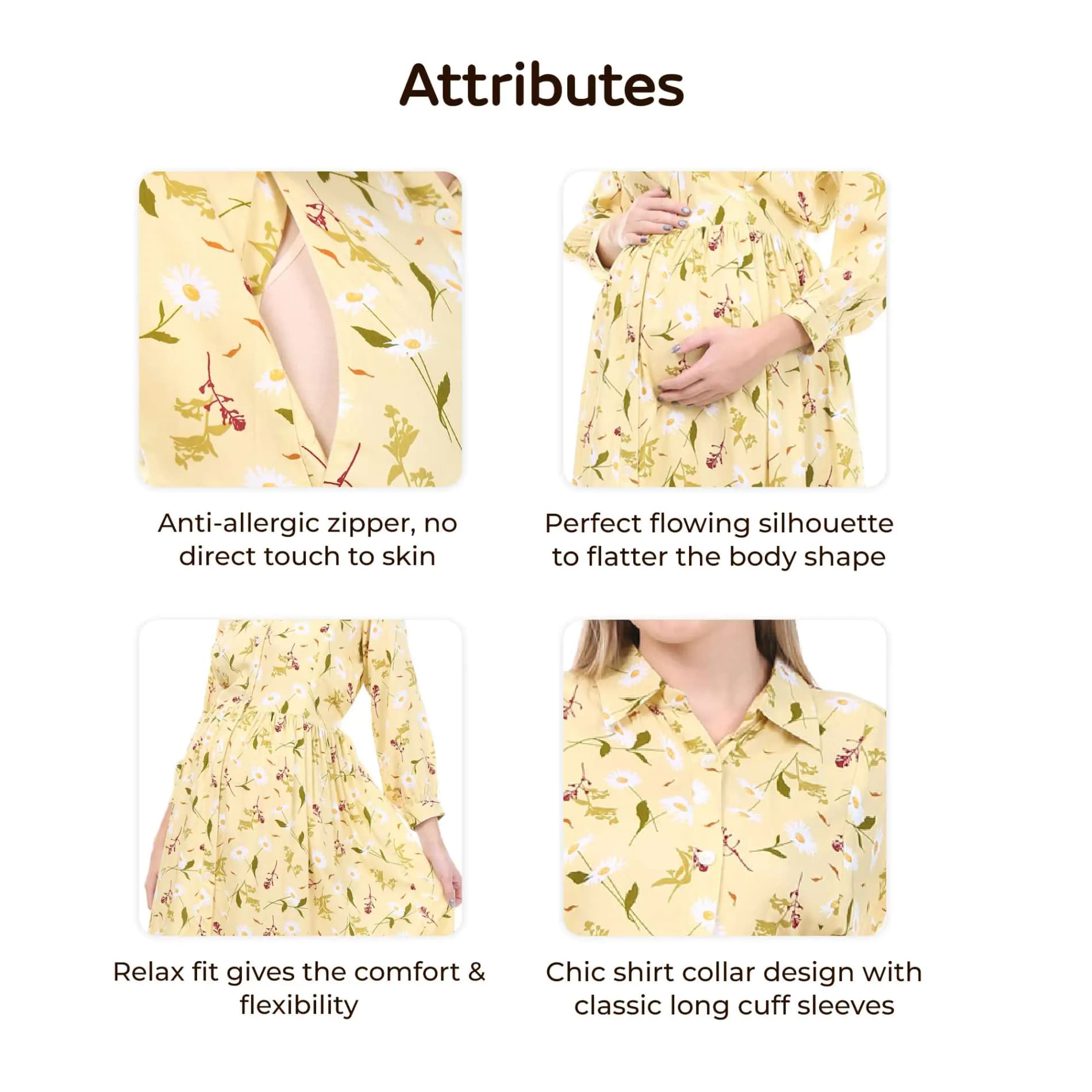 Pre & Post Maternity /Nursing Long Cuff Sleeves Shirt Collar Maxi Dress with Zippers for Easy Feeding -Cream Daisy - L