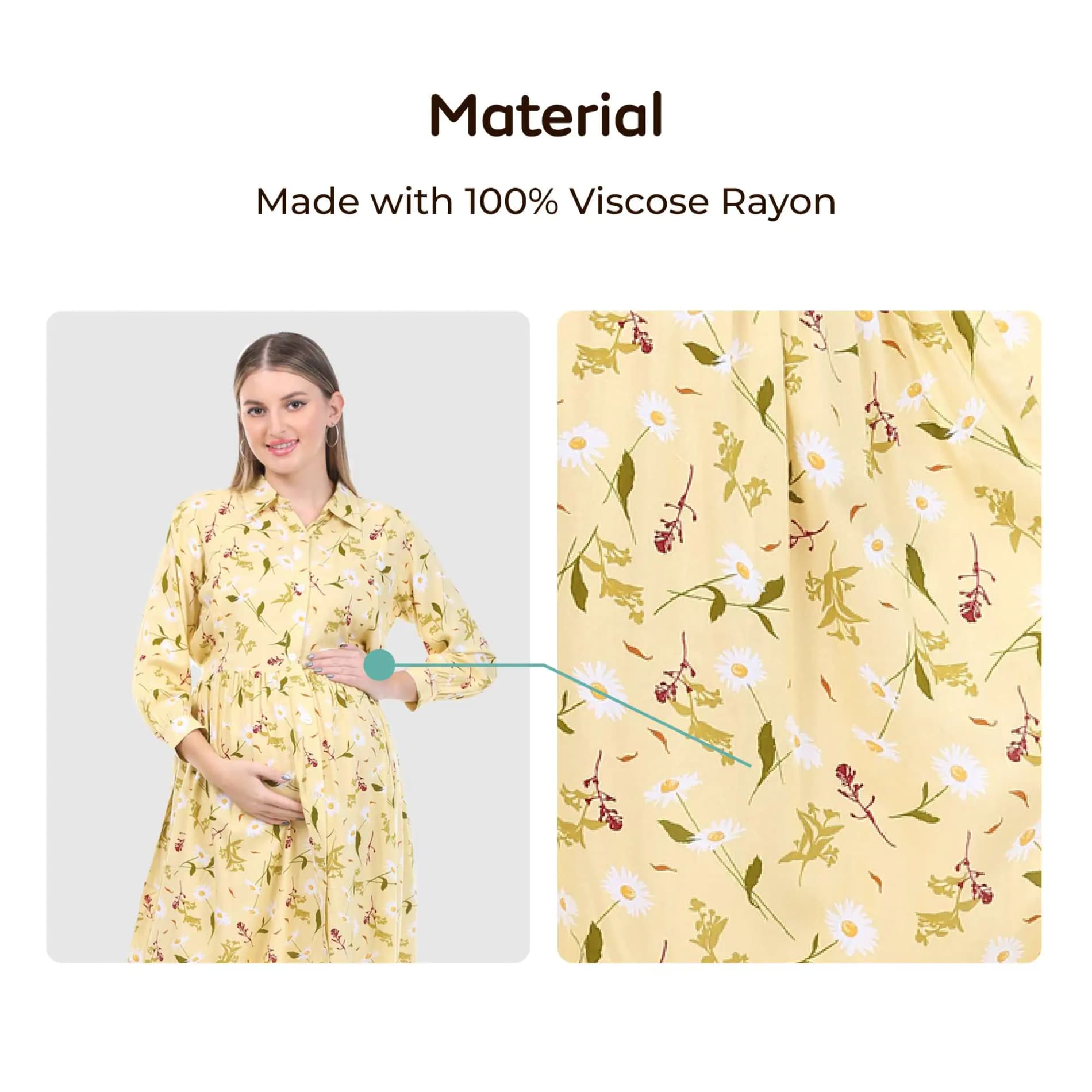 Pre & Post Maternity /Nursing Long Cuff Sleeves Shirt Collar Maxi Dress with Zippers for Easy Feeding -Cream Daisy - L