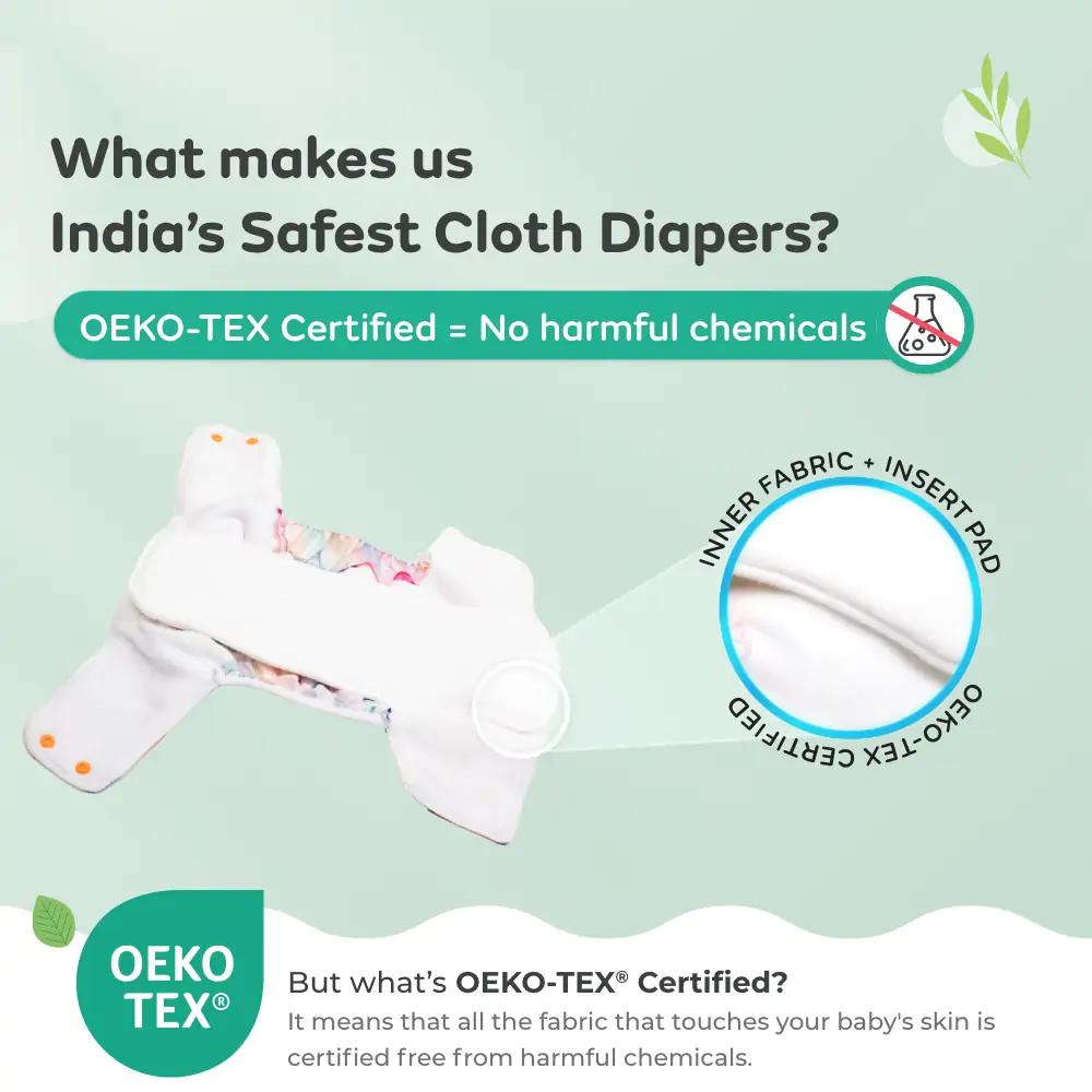 Adjustable Washable & Reusable Cloth Diaper With Dry Feel, Absorbent Insert Pad (3M-3Y) | Oeko-Tex Certified | Prevents Rashes - Rainbow - Pack of 3