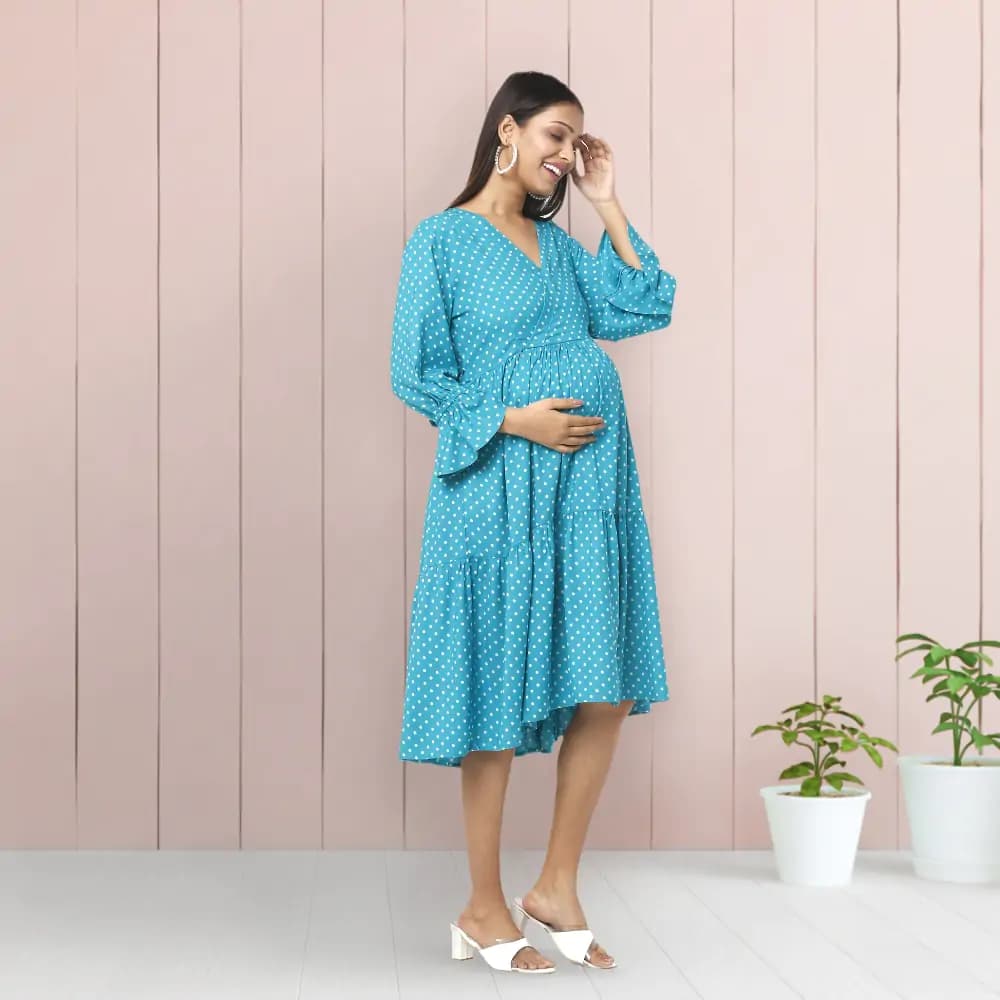 Pre & Post Maternity/Nursing Knee Length Dress with Zippers at both sides for Easy Feeding- Teal Green-  Polka Dots-L