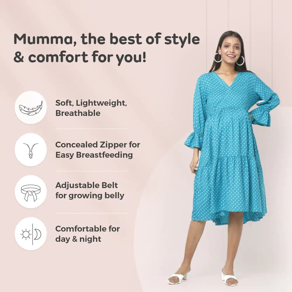 Pre & Post Maternity/Nursing Knee Length Dress with Zippers at both sides for Easy Feeding- Teal Green-  Polka Dots-L
