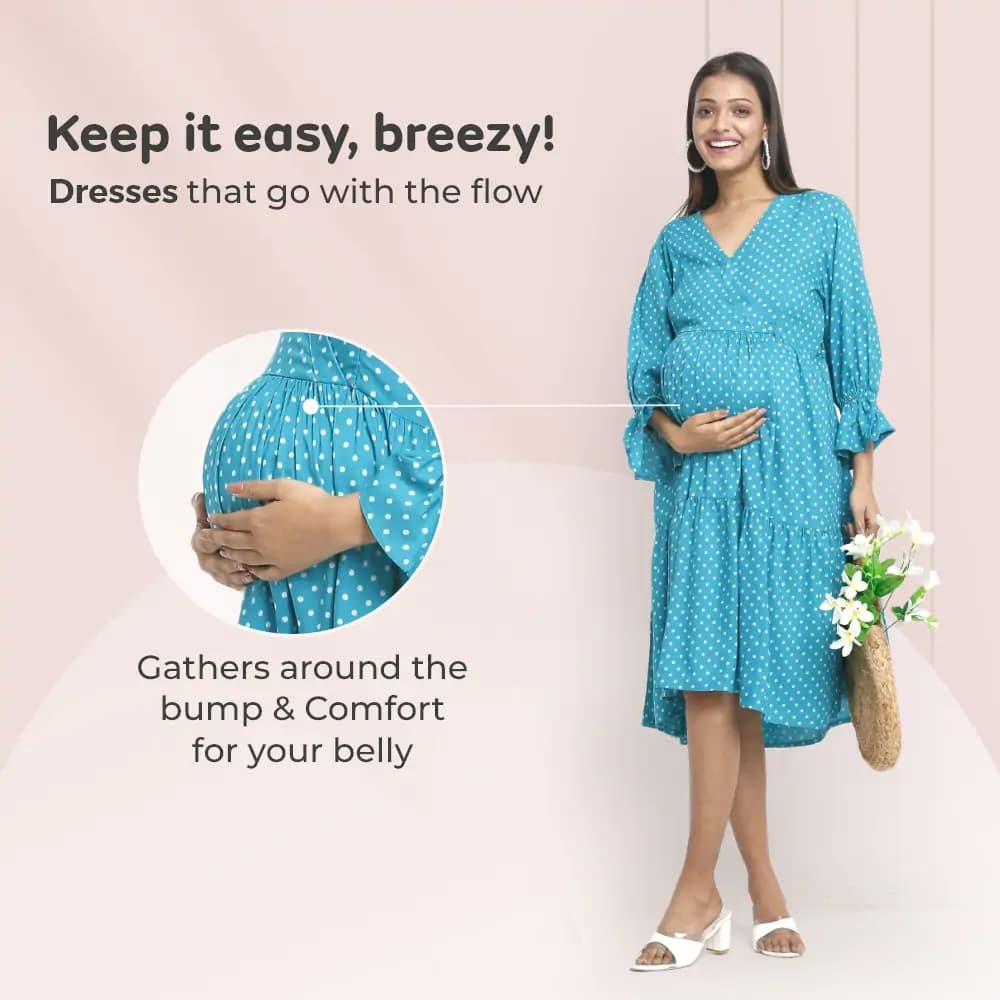Pre & Post Maternity/Nursing Knee Length Dress with Zippers at both sides for Easy Feeding- Teal Green-  Polka Dots-L