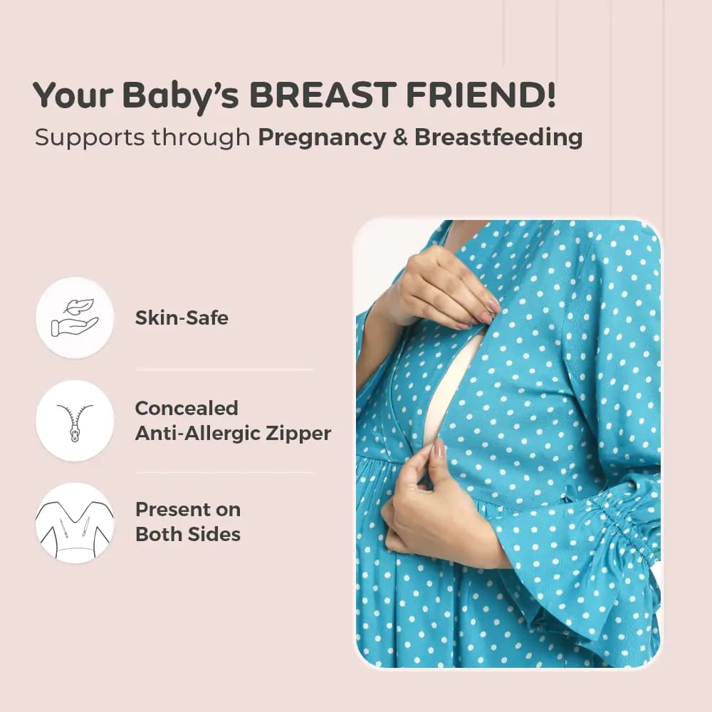 Pre & Post Maternity/Nursing Knee Length Dress with Zippers at both sides for Easy Feeding- Teal Green-  Polka Dots-L
