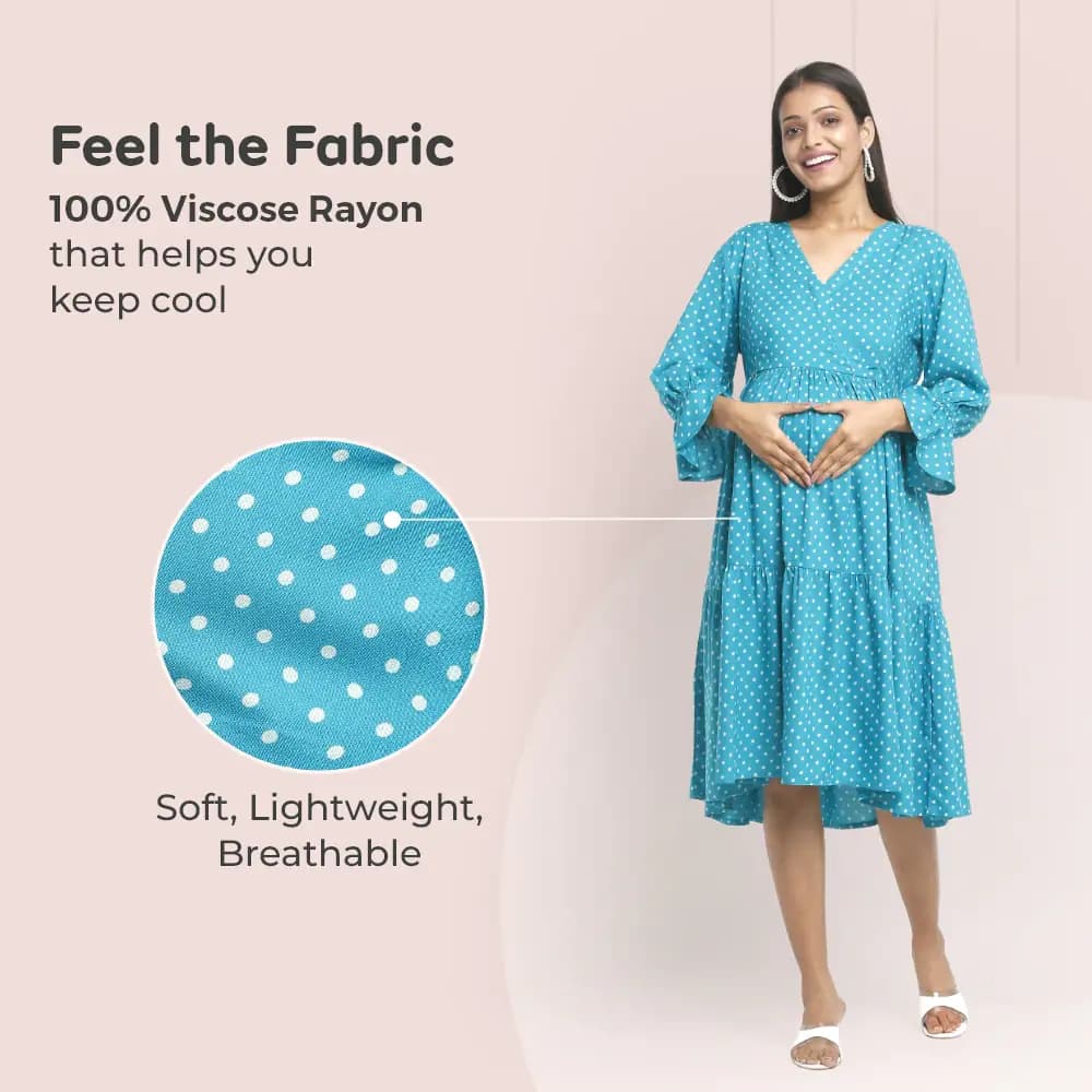 Pre & Post Maternity/Nursing Knee Length Dress with Zippers at both sides for Easy Feeding- Teal Green-  Polka Dots-L