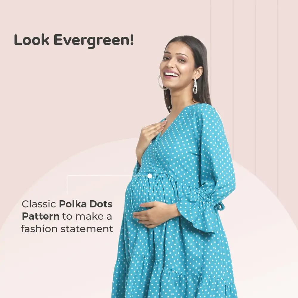 Pre & Post Maternity/Nursing Knee Length Dress with Zippers at both sides for Easy Feeding- Teal Green-  Polka Dots-L