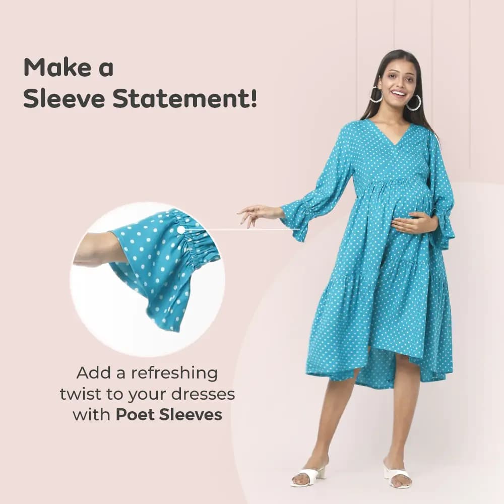 Pre & Post Maternity/Nursing Knee Length Dress with Zippers at both sides for Easy Feeding- Teal Green-  Polka Dots-L