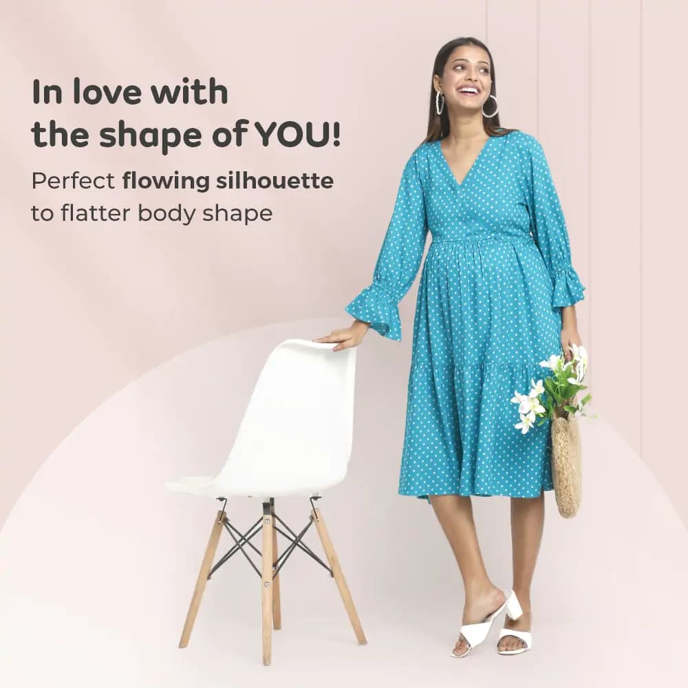 Pre & Post Maternity/Nursing Knee Length Dress with Zippers at both sides for Easy Feeding- Teal Green-  Polka Dots-L