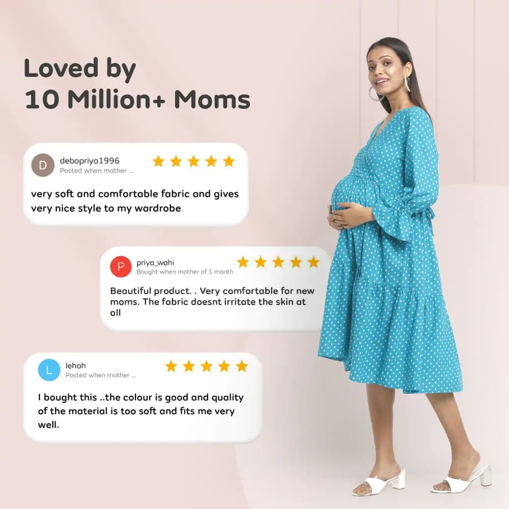 Pre & Post Maternity/Nursing Knee Length Dress with Zippers at both sides for Easy Feeding- Teal Green-  Polka Dots-L