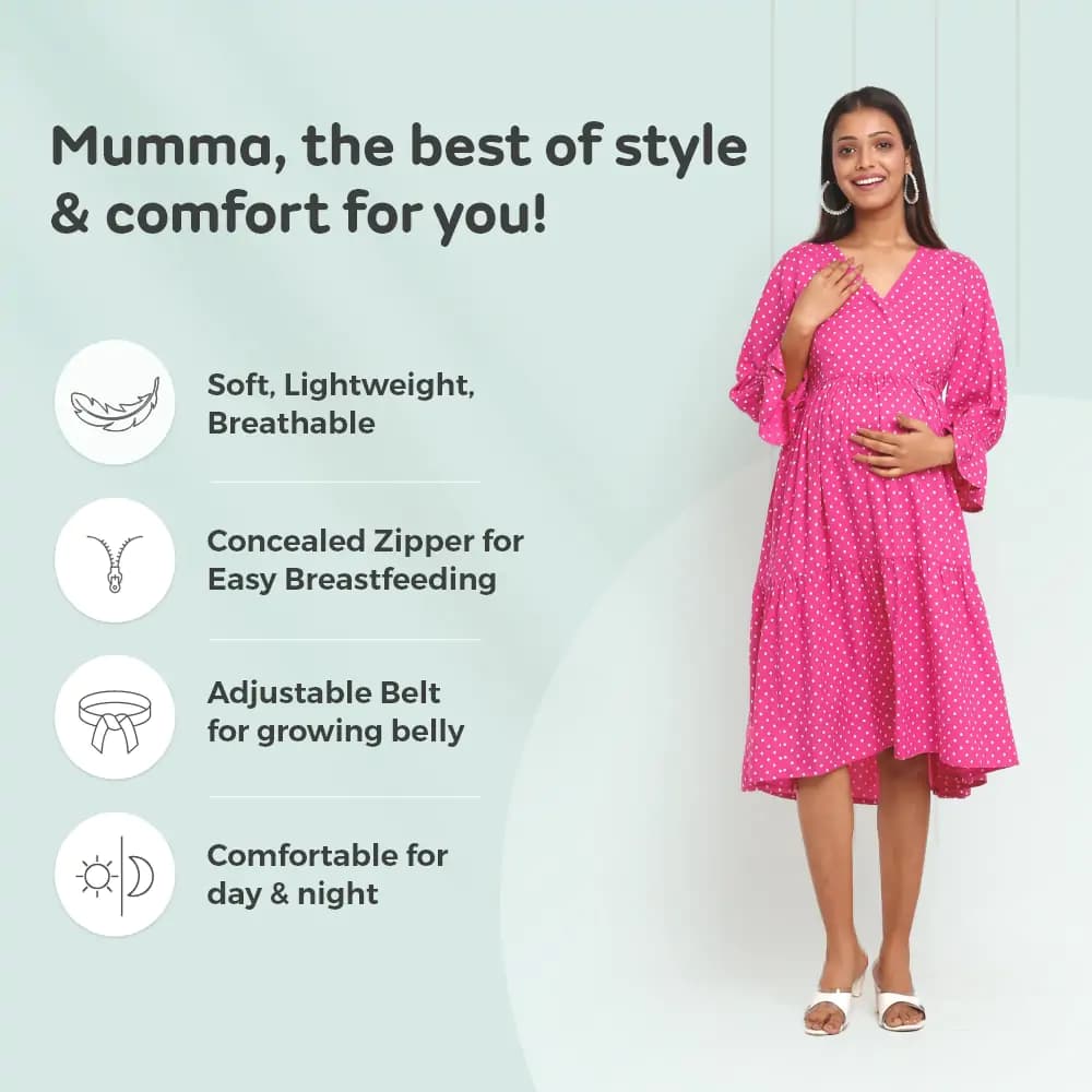 Pre & Post Maternity/Nursing Knee Length Dress with Zippers at both sides for Easy Feeding-  Pink -  Polka Dots-L