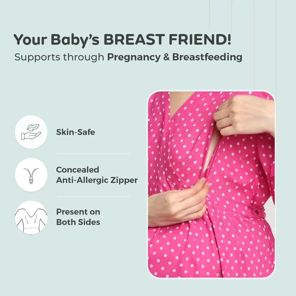 Pre & Post Maternity/Nursing Knee Length Dress with Zippers at both sides for Easy Feeding-  Pink -  Polka Dots-L