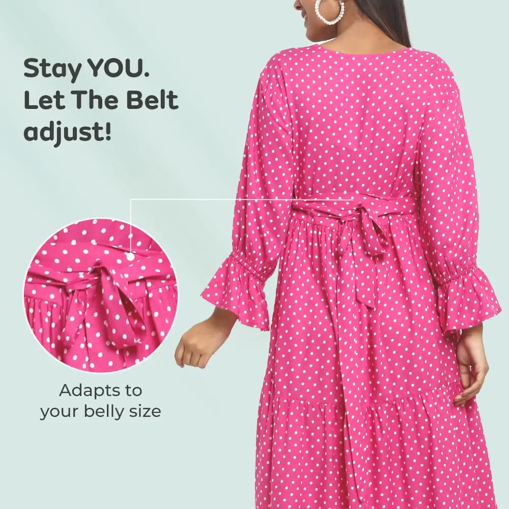 Pre & Post Maternity/Nursing Knee Length Dress with Zippers at both sides for Easy Feeding-  Pink -  Polka Dots-L