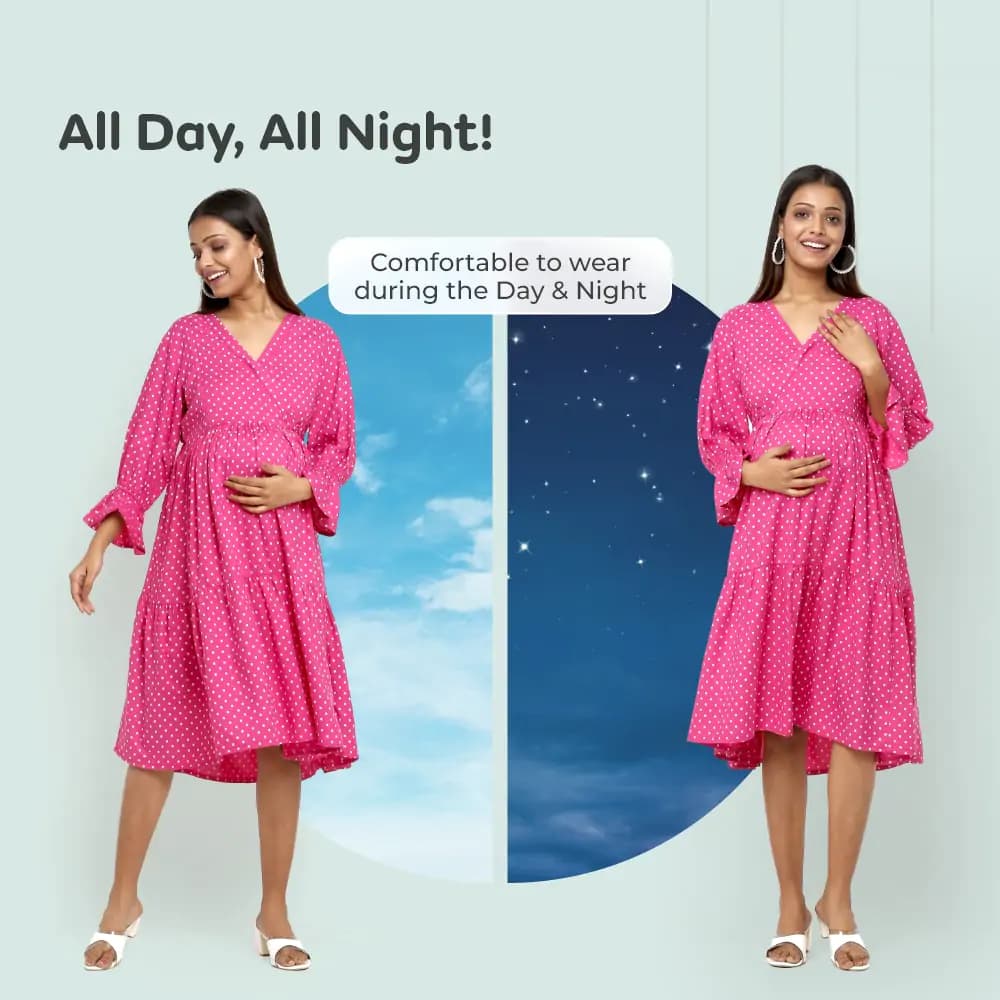 Pre & Post Maternity/Nursing Knee Length Dress with Zippers at both sides for Easy Feeding-  Pink -  Polka Dots-L
