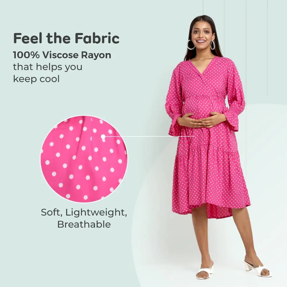 Pre & Post Maternity/Nursing Knee Length Dress with Zippers at both sides for Easy Feeding-  Pink -  Polka Dots-L