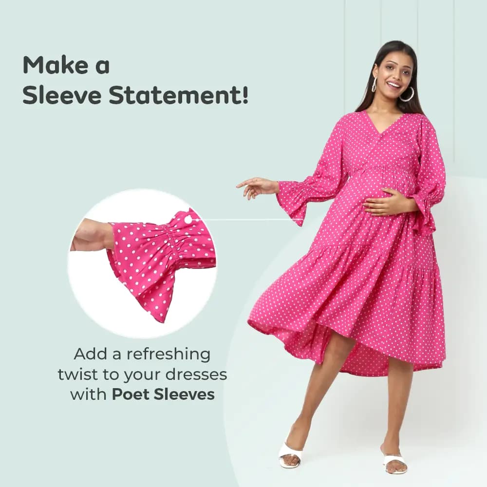 Pre & Post Maternity/Nursing Knee Length Dress with Zippers at both sides for Easy Feeding-  Pink -  Polka Dots-L