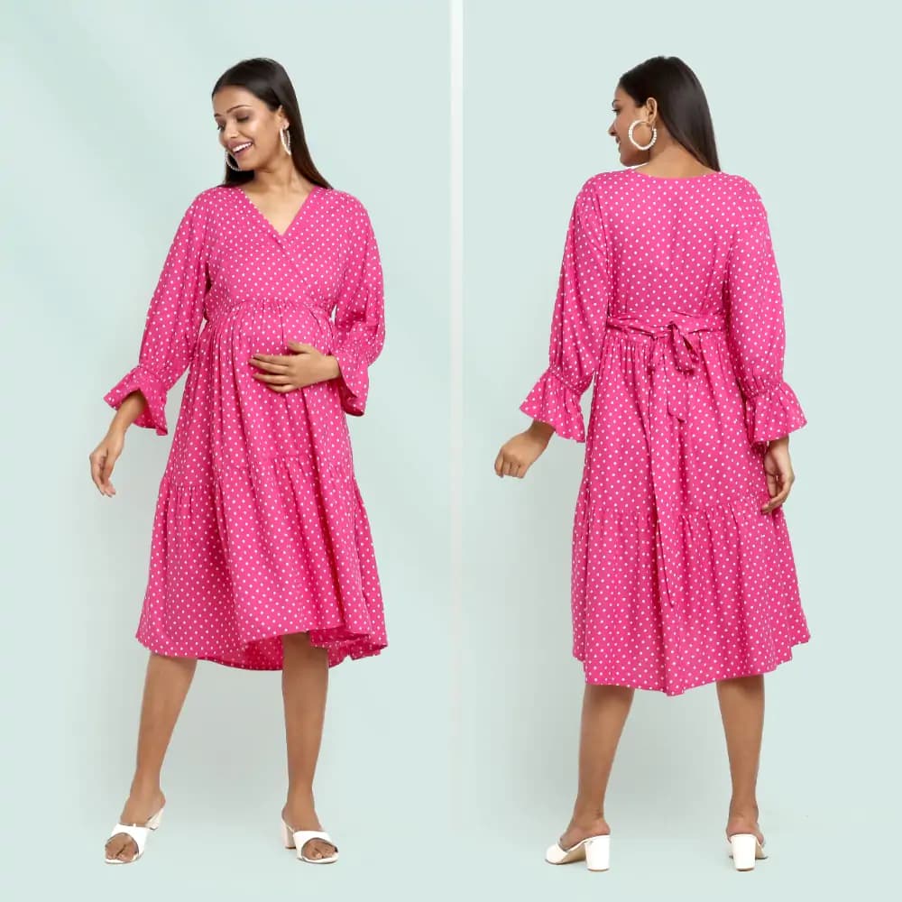 Pre & Post Maternity/Nursing Knee Length Dress with Zippers at both sides for Easy Feeding-  Pink -  Polka Dots-L