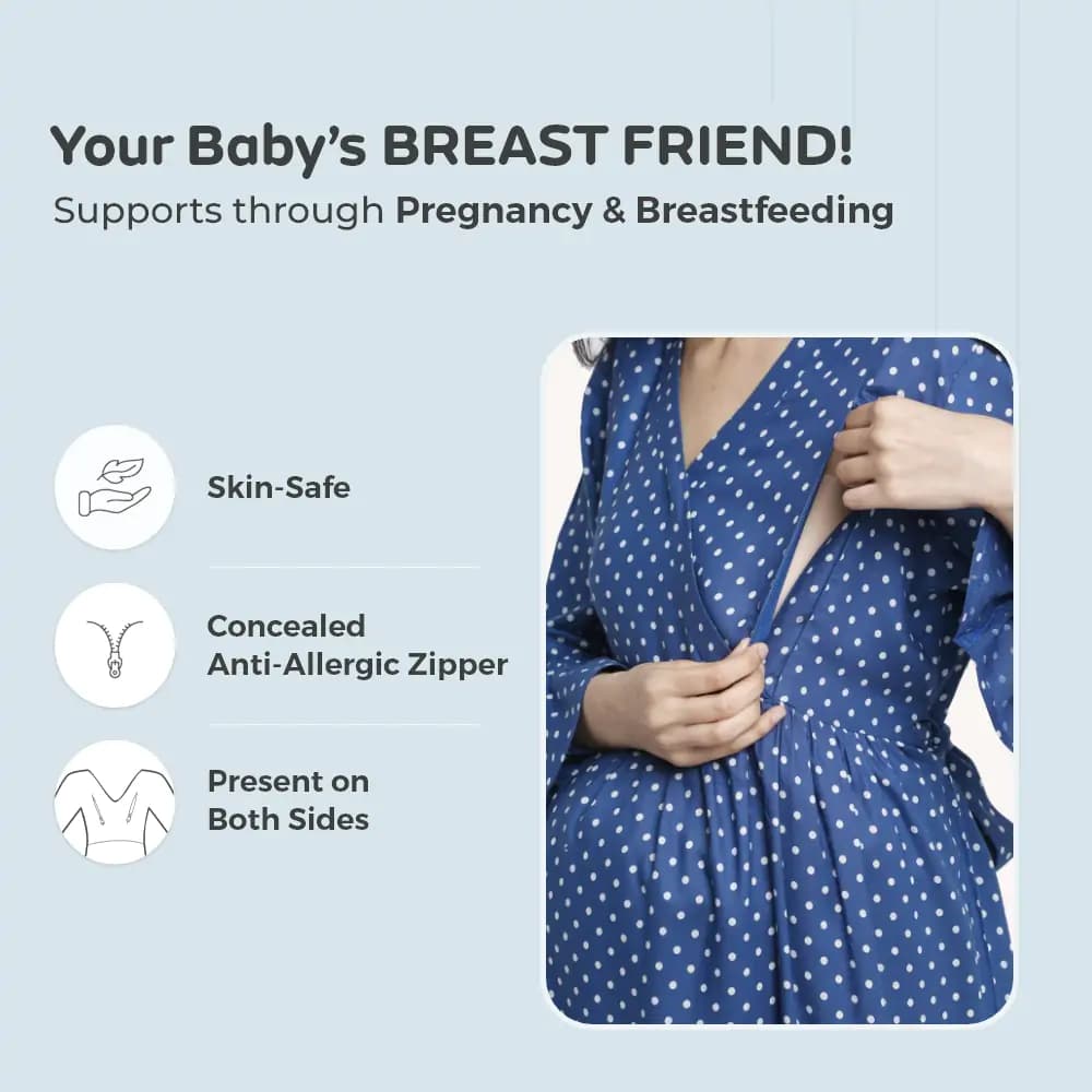 Pre & Post Maternity/Nursing Knee Length Dress with Zippers at both sides for Easy Feeding- Blue - Polka Dots-L 