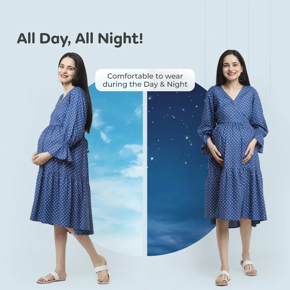 Pre & Post Maternity/Nursing Knee Length Dress with Zippers at both sides for Easy Feeding- Blue - Polka Dots-L 
