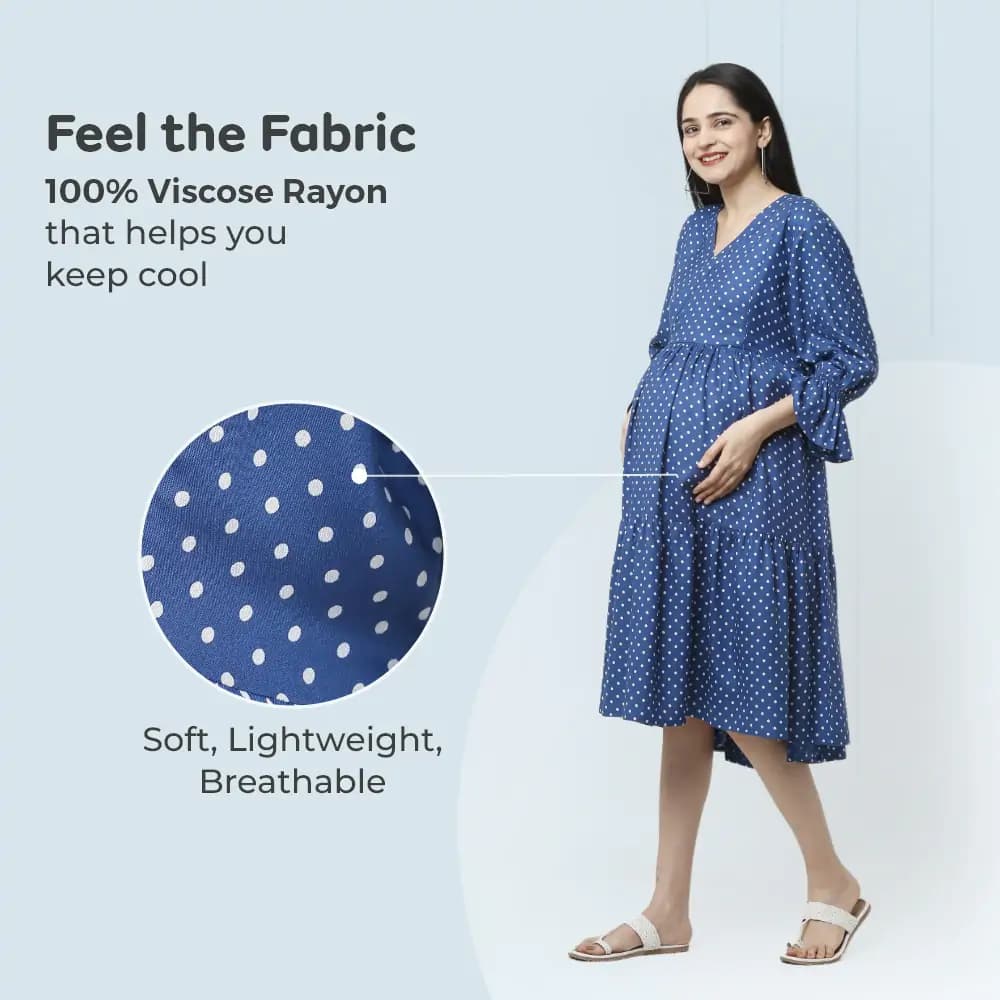 Pre & Post Maternity/Nursing Knee Length Dress with Zippers at both sides for Easy Feeding- Blue - Polka Dots-L 