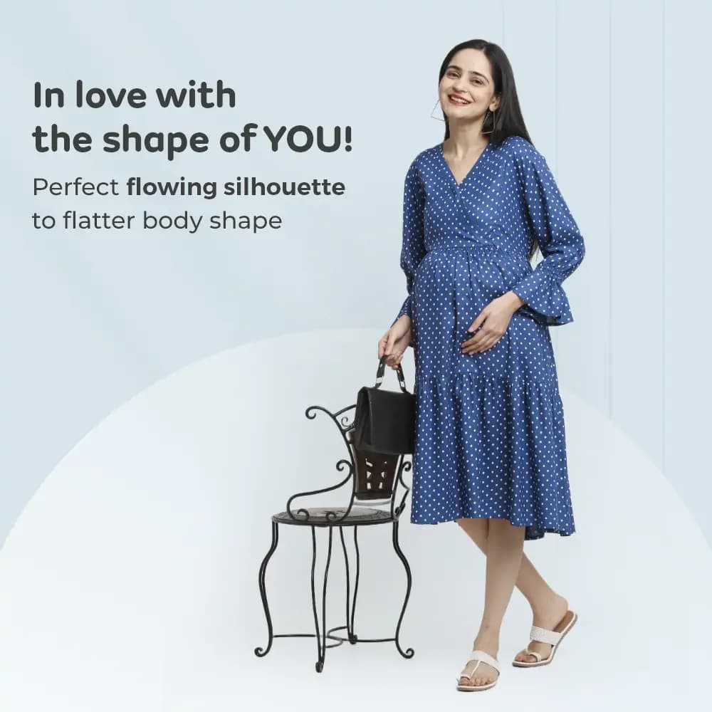 Pre & Post Maternity/Nursing Knee Length Dress with Zippers at both sides for Easy Feeding- Blue - Polka Dots-L 