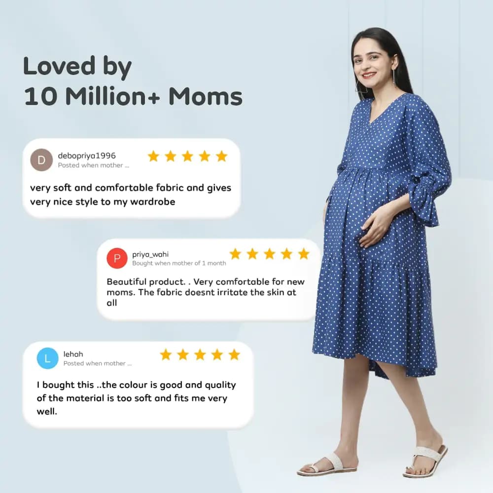 Pre & Post Maternity/Nursing Knee Length Dress with Zippers at both sides for Easy Feeding- Blue - Polka Dots-L 