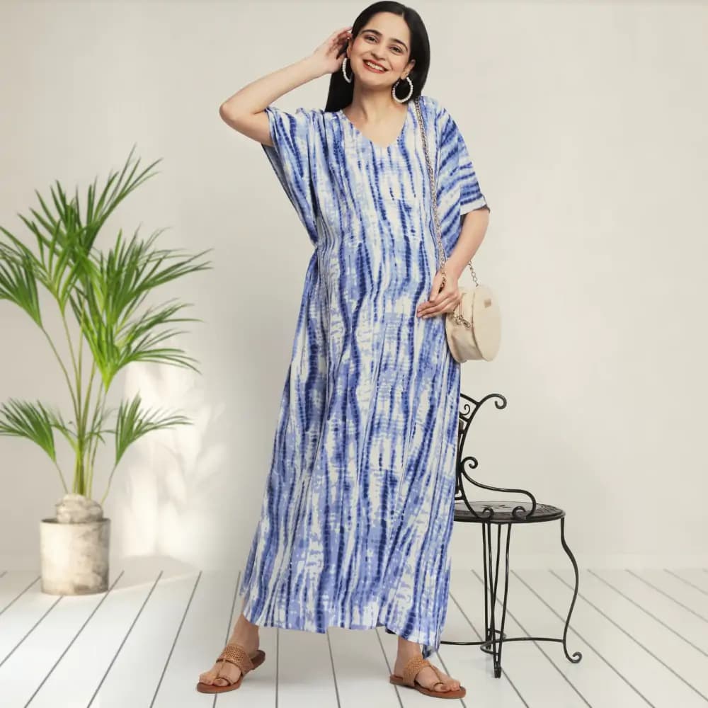Maternity Dresses For Women with Both Side Zipper For Easy Feeding | Adjustable Belt for Growing Belly | Kaftan Dress | Shibori Print - Navy | XXL