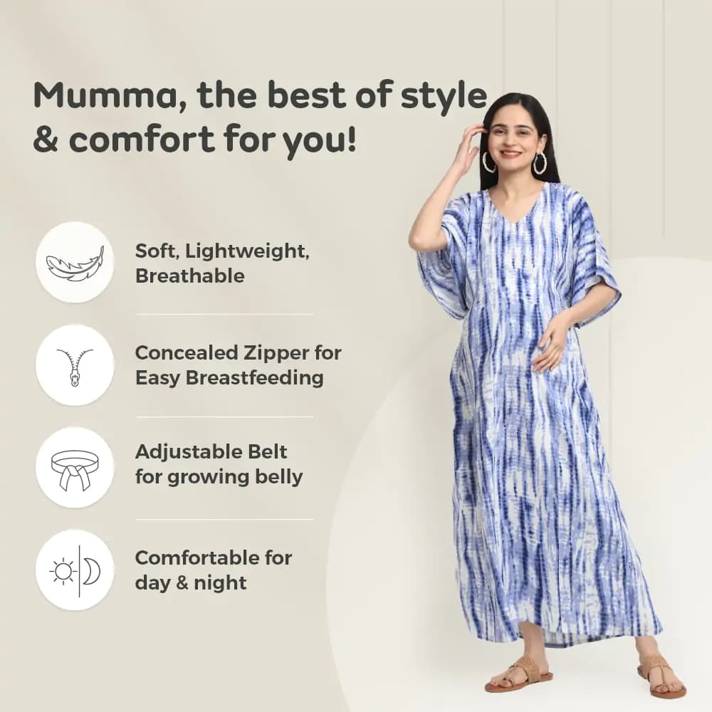 Maternity Dresses For Women with Both Side Zipper For Easy Feeding | Adjustable Belt for Growing Belly | Kaftan Dress | Shibori Print - Navy | XXL