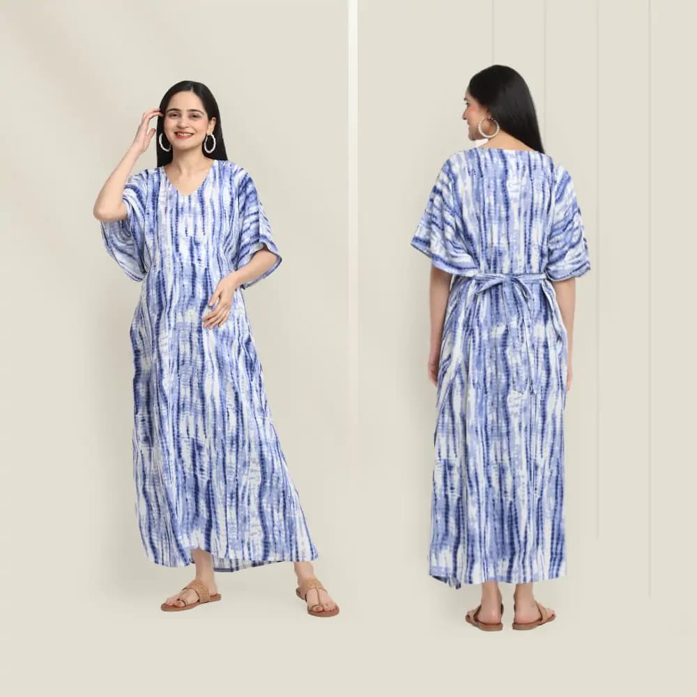 Maternity Dresses For Women with Both Side Zipper For Easy Feeding | Adjustable Belt for Growing Belly | Kaftan Dress | Shibori Print - Navy | XXL