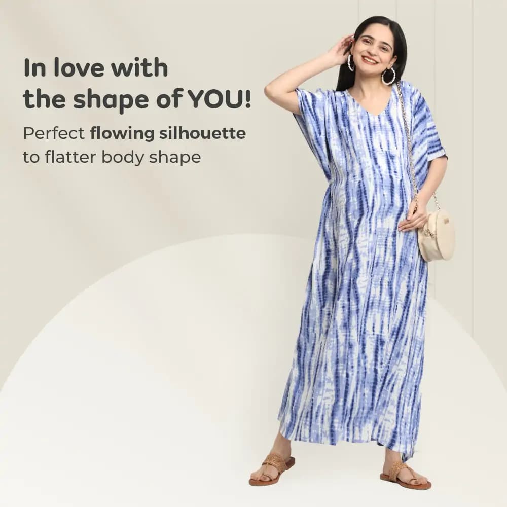 Maternity Dresses For Women with Both Side Zipper For Easy Feeding | Adjustable Belt for Growing Belly | Kaftan Dress | Shibori Print - Navy | XXL