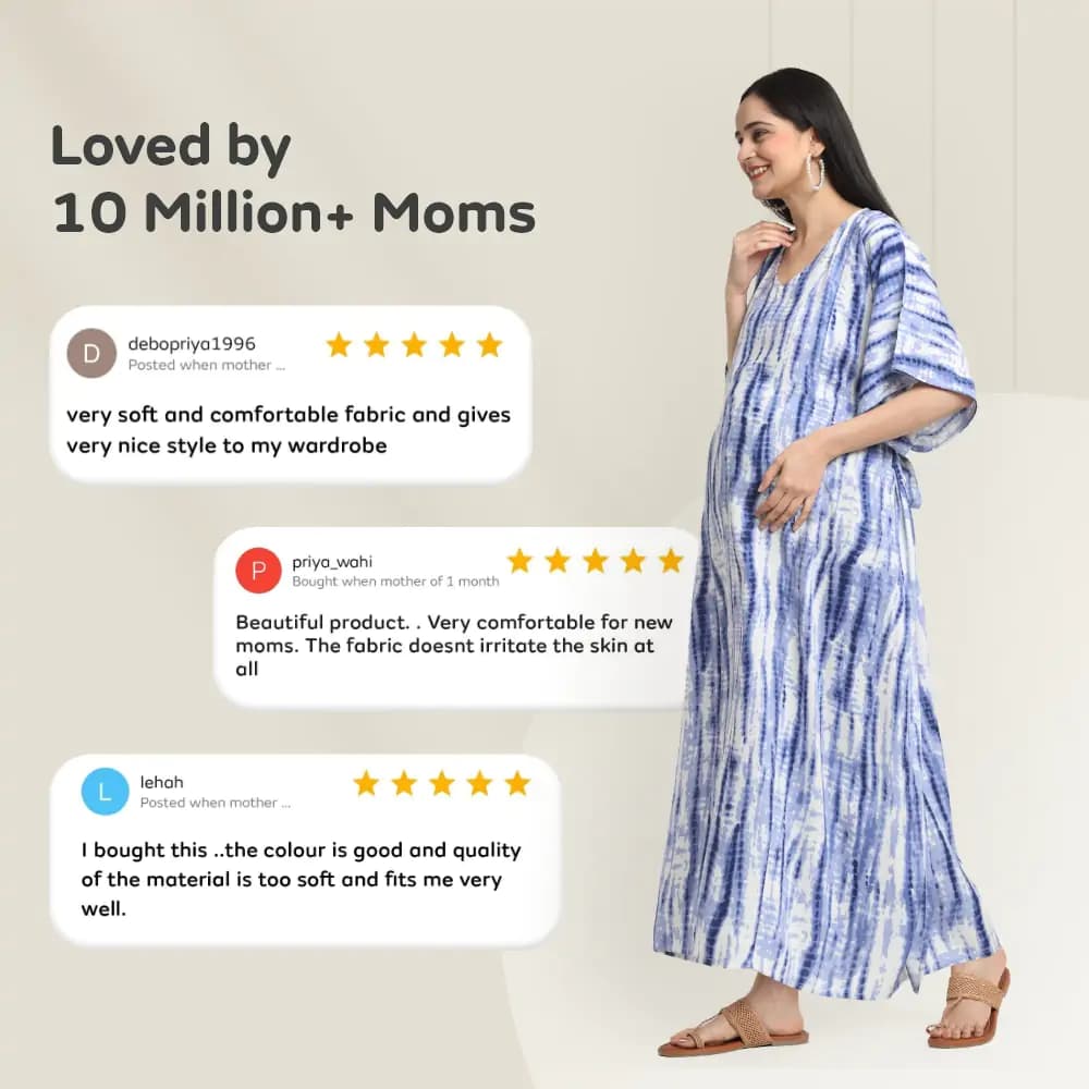 Maternity Dresses For Women with Both Side Zipper For Easy Feeding | Adjustable Belt for Growing Belly | Kaftan Dress | Shibori Print - Navy | XXL
