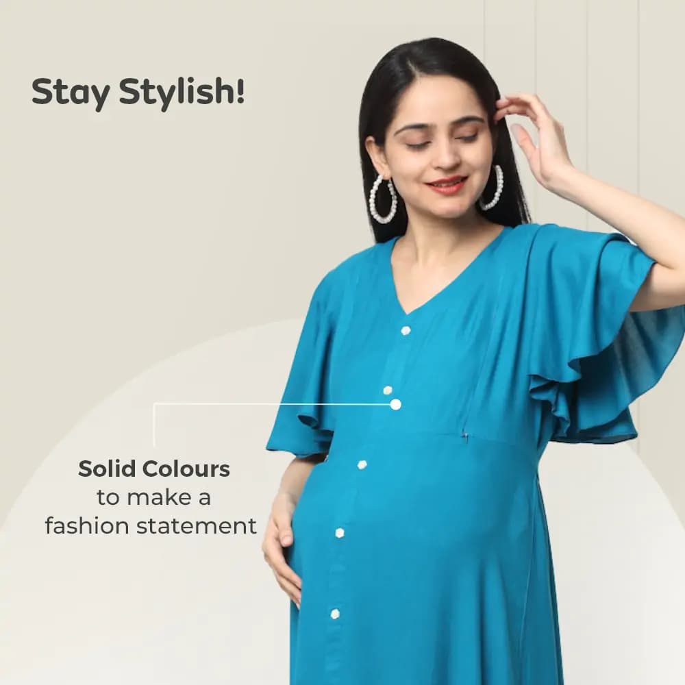 Pre & Post Maternity /Nursing, Asymmetrical Solid Maxi Dress with both sides Zipper for Easy Feeding - Hawaiian Blue-L