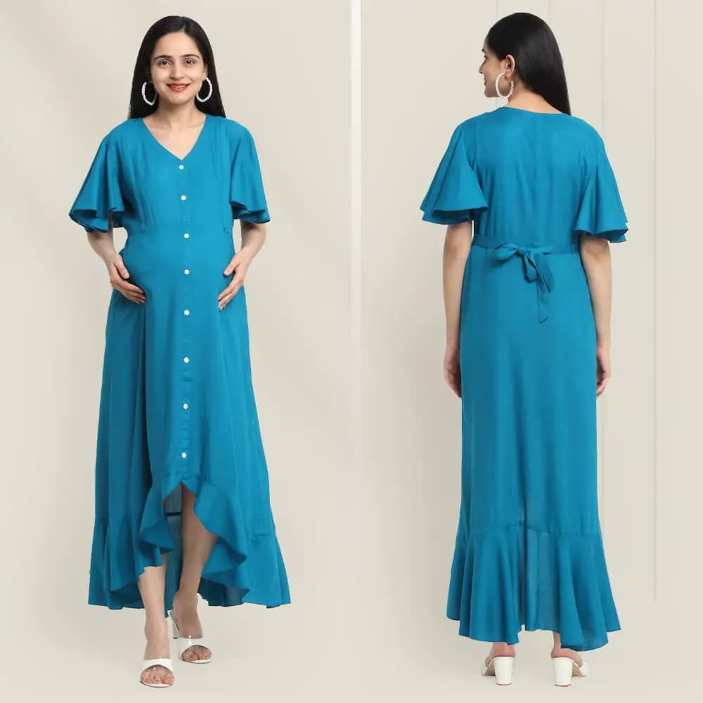 Pre & Post Maternity /Nursing, Asymmetrical Solid Maxi Dress with both sides Zipper for Easy Feeding - Hawaiian Blue-L