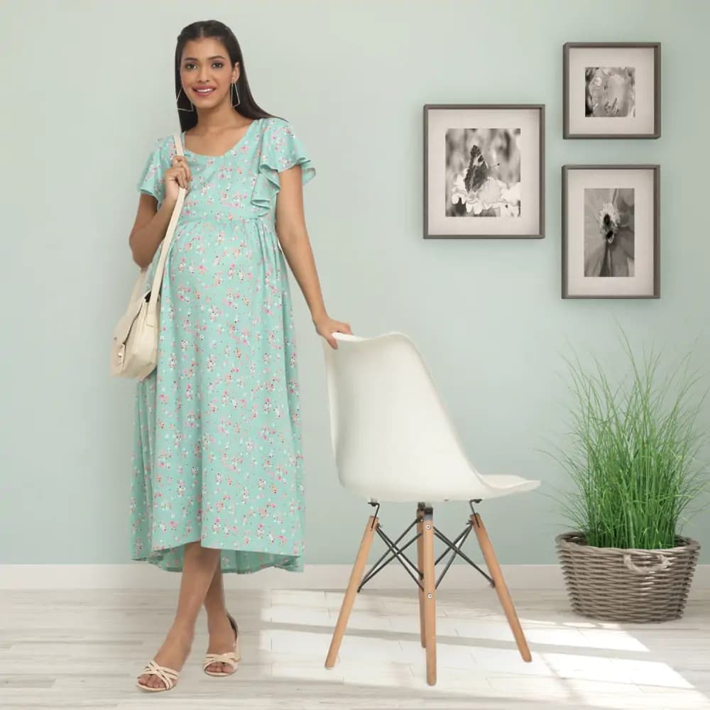 Pre & Post Maternity /Nursing Midi Dress with both sides Zipper for Easy Feeding – Floral - Green–XL