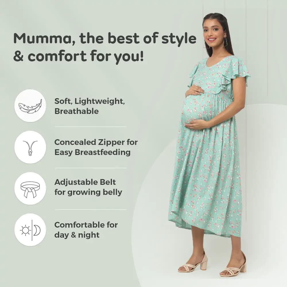 Pre & Post Maternity /Nursing Midi Dress with both sides Zipper for Easy Feeding – Floral - Green–XL