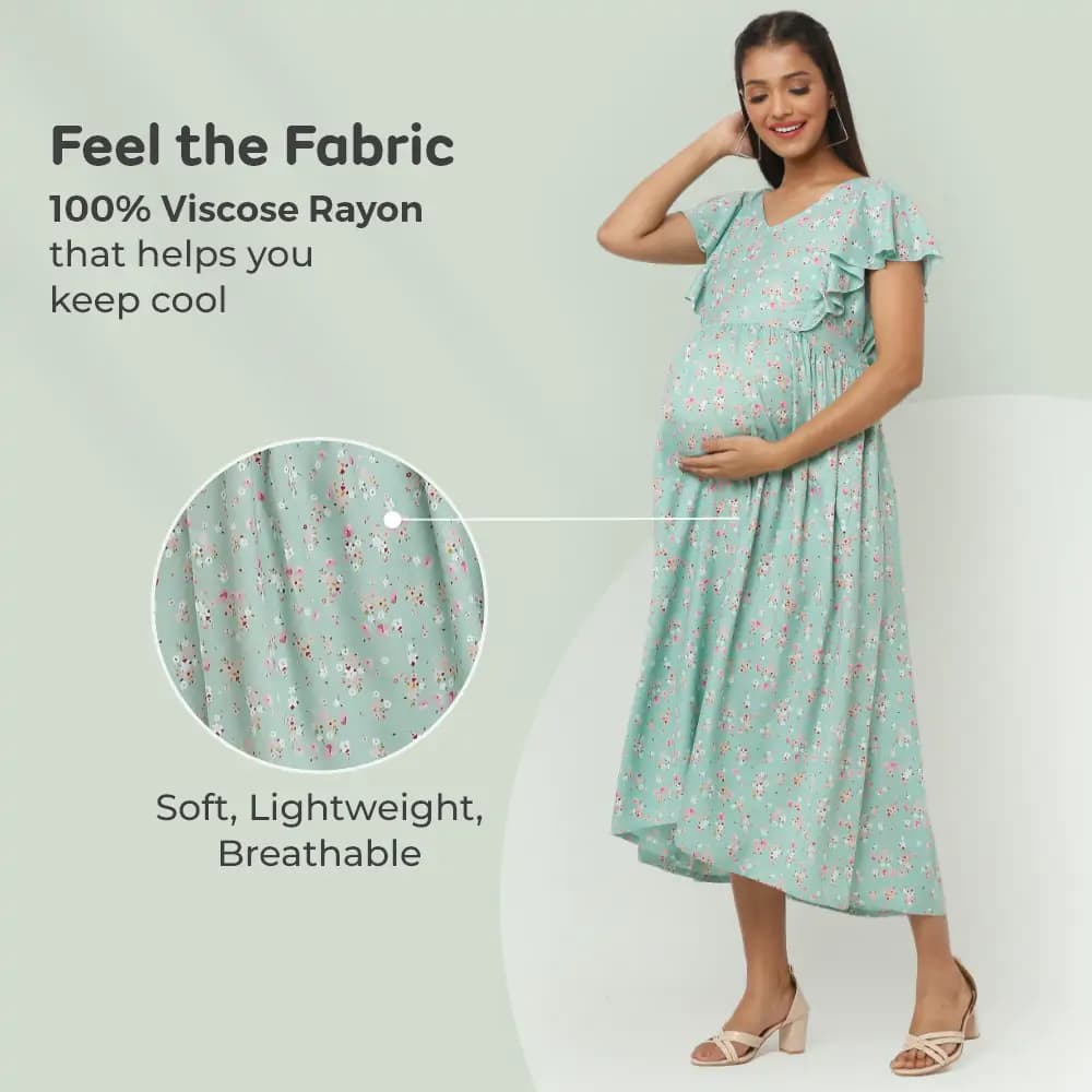 Pre & Post Maternity /Nursing Midi Dress with both sides Zipper for Easy Feeding – Floral - Green–XL