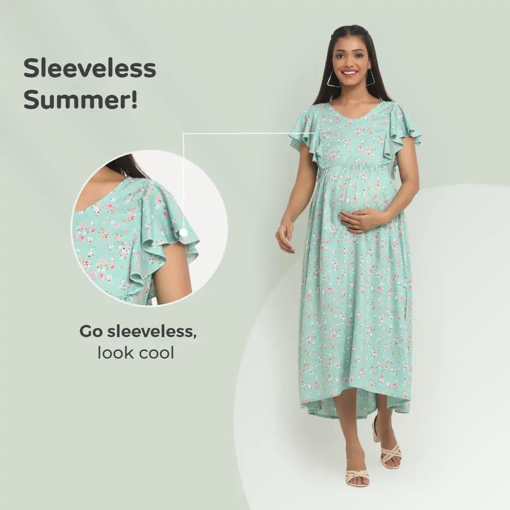 Pre & Post Maternity /Nursing Midi Dress with both sides Zipper for Easy Feeding – Floral - Green–XL