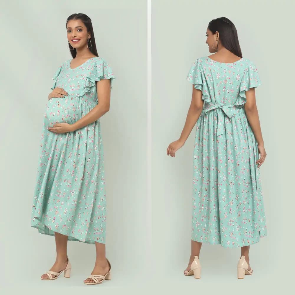 Pre & Post Maternity /Nursing Midi Dress with both sides Zipper for Easy Feeding – Floral - Green–XL